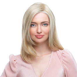 Synthetic medium brown topper with subtle highlights and a natural root RUE # 5/14/4R