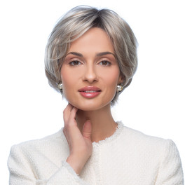 Synthetic hair wig in medium brown with subtle highlights and a natural root BERYL #5/14/4R.